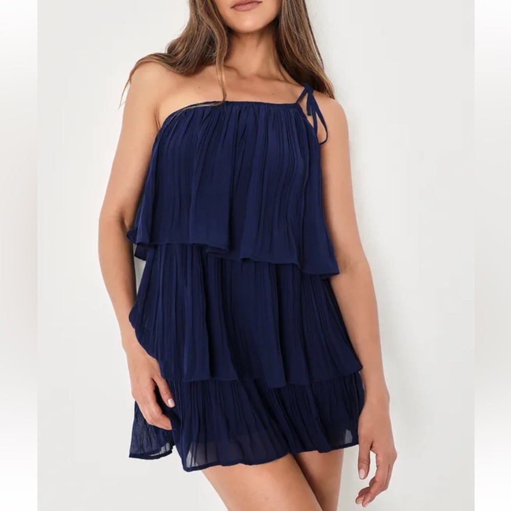 Lulus Blowing Kisses Navy Blue Pleated One-Shoulder Mini Dress
